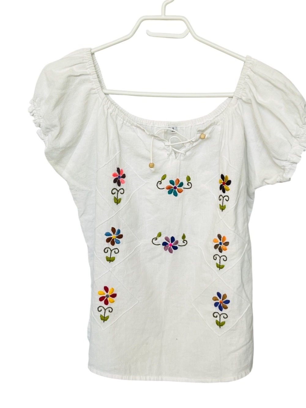 Embroidered Top White Cotton Peasant Blouse Boho Floral Short Sleeve Size L